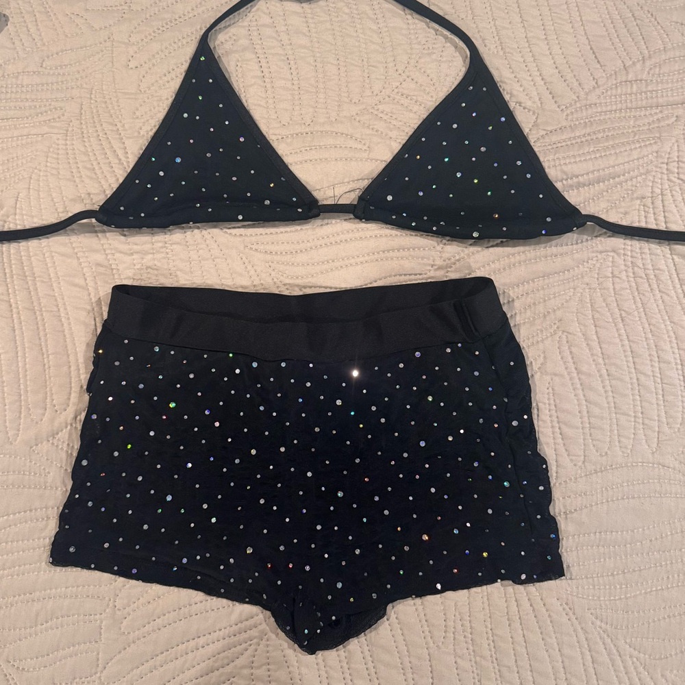 Black Rhinestone Bikini Top & High-Waist Shorts Set